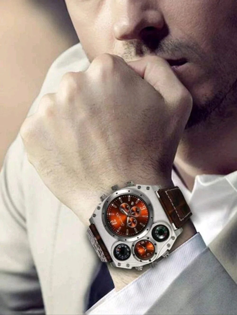 Men's Chunky Multi-Dial Watch with Brown Leather Strap